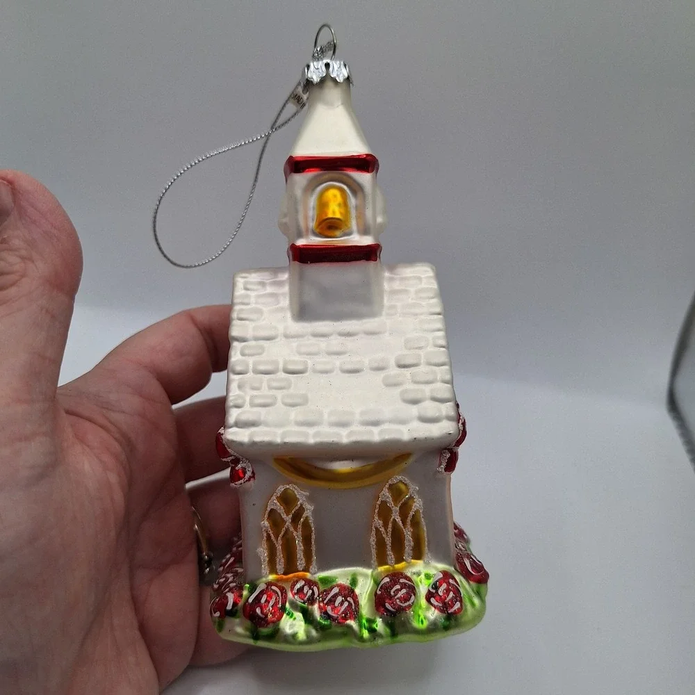 Church Blown Glass Ornament Beautiful Shape Rose Bushes Steeple & Windows